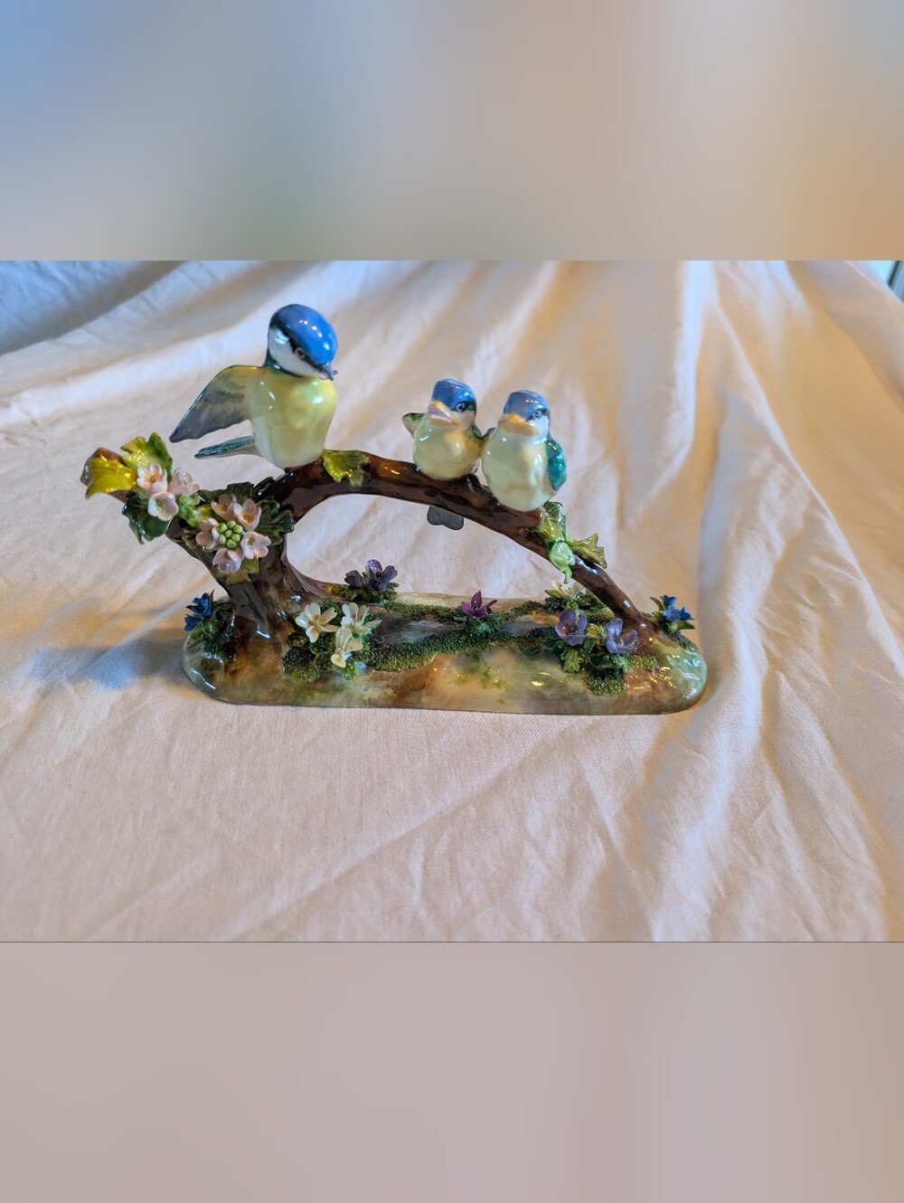 Blue and Yellow Ceramic Bird Figurine Trio on Branch - Decorative Home Accent